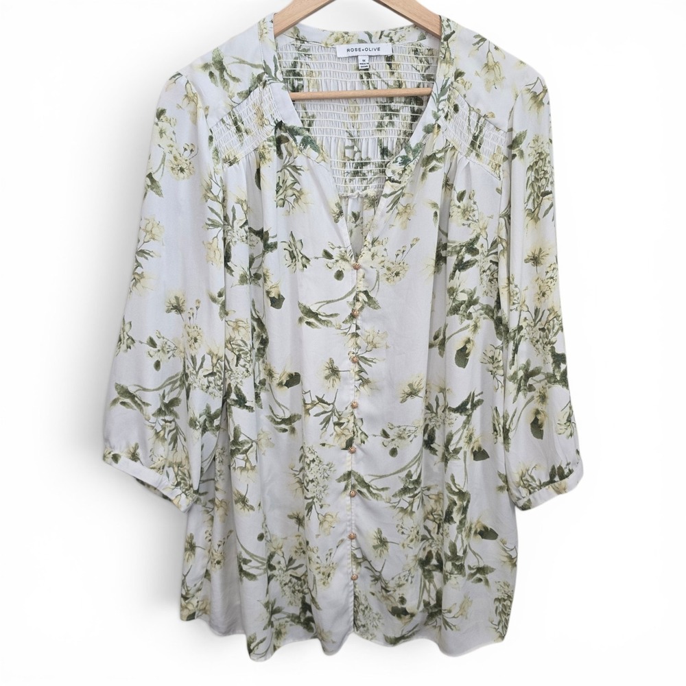 Rose & Olive Top Womens Plus 1X Ivory Semi Sheer Blouse 3/4 Sleeve Casual